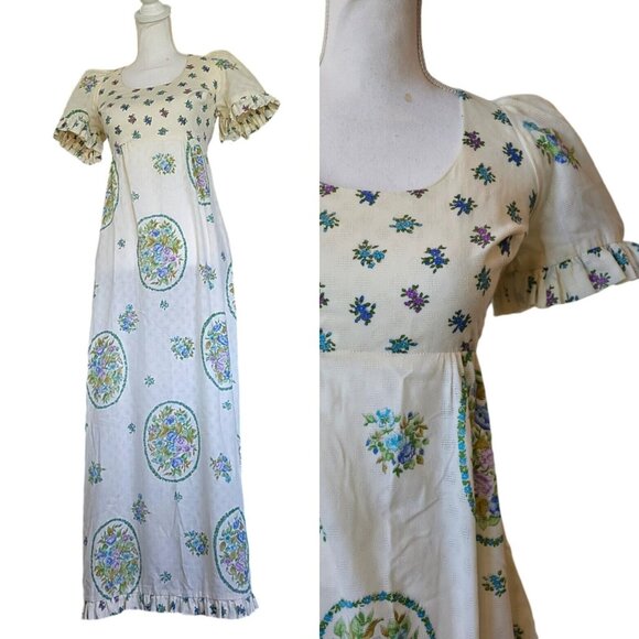 Vintage 60s 70s Prairie Dress Long Maxi Ivory Floral Regency Empire Waist Size 2 - Picture 1 of 13